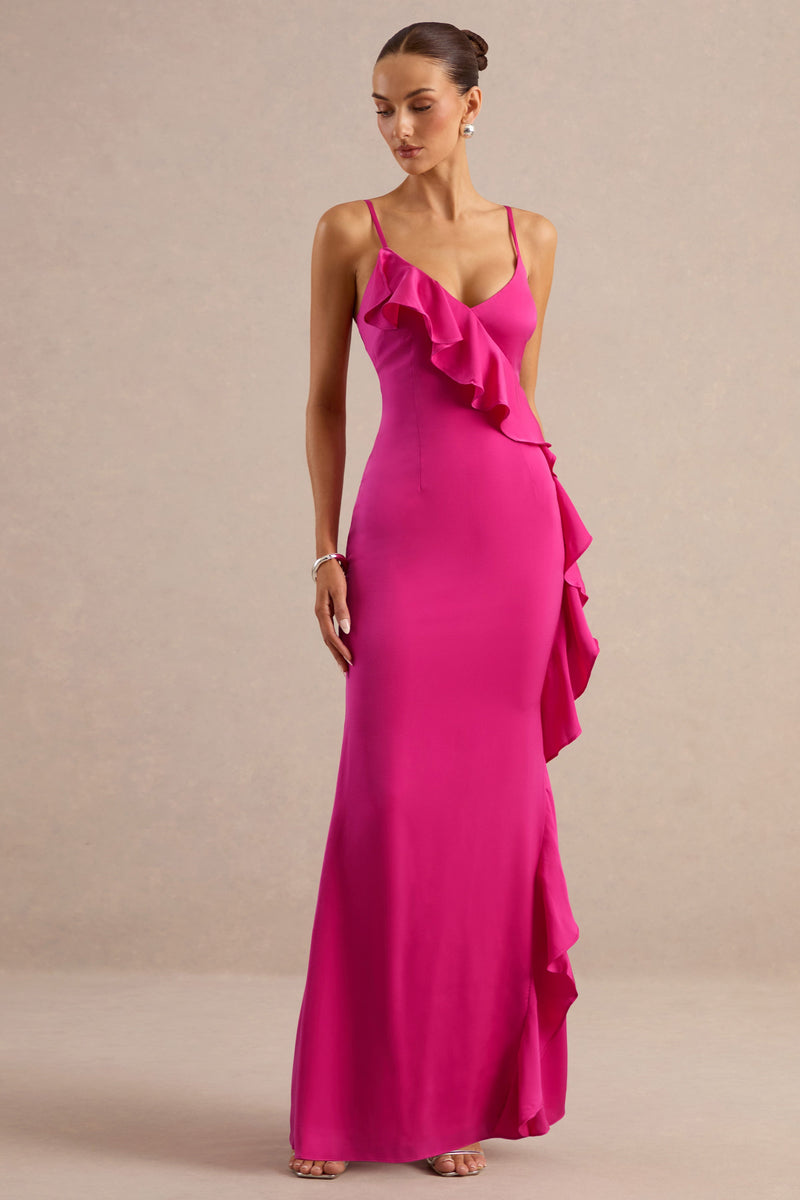 Marcelina | Vestido maxi de satén rosa intenso con escote en V y detalles de volantes