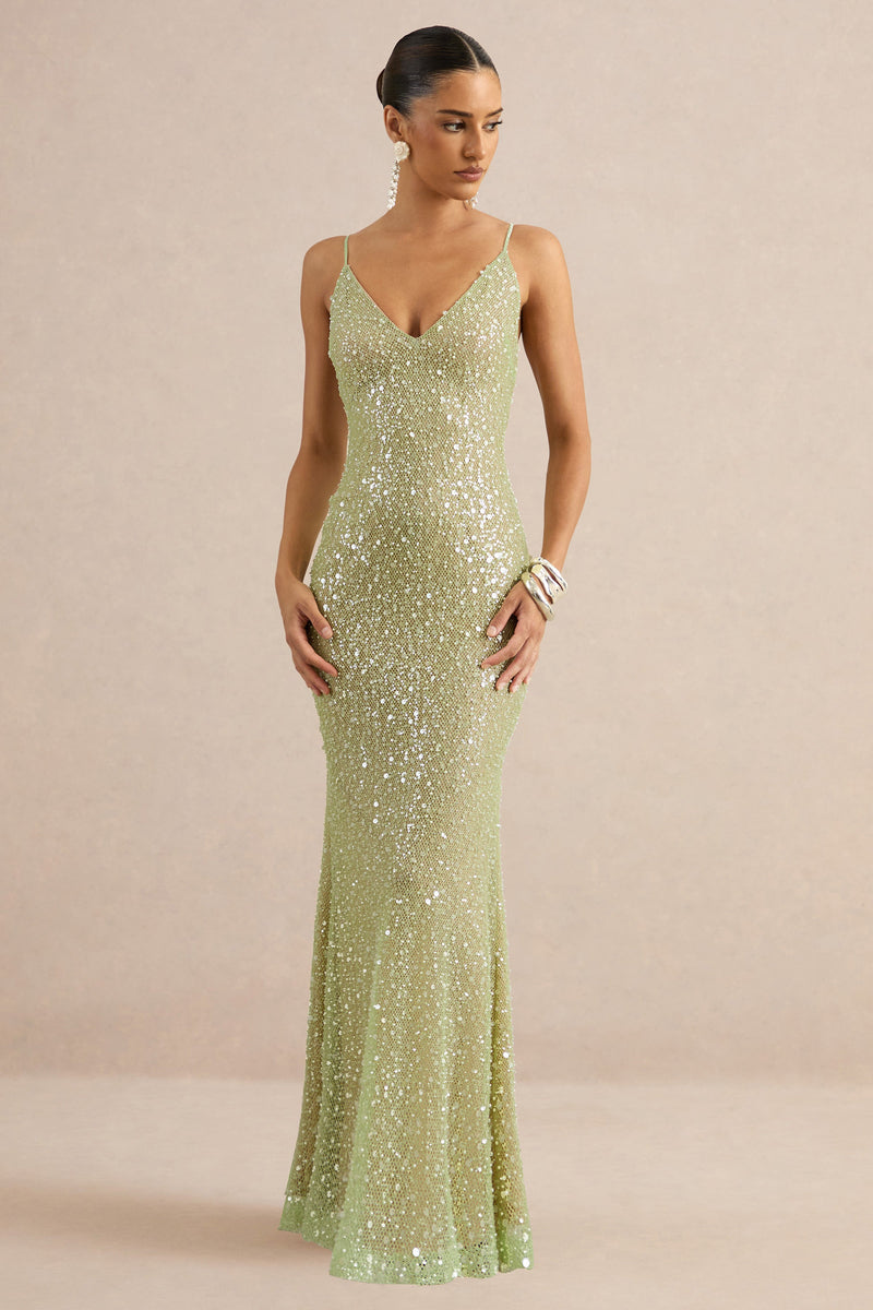 Minna | Vestido maxi semitransparente de lentejuelas color salvia con escote pronunciado