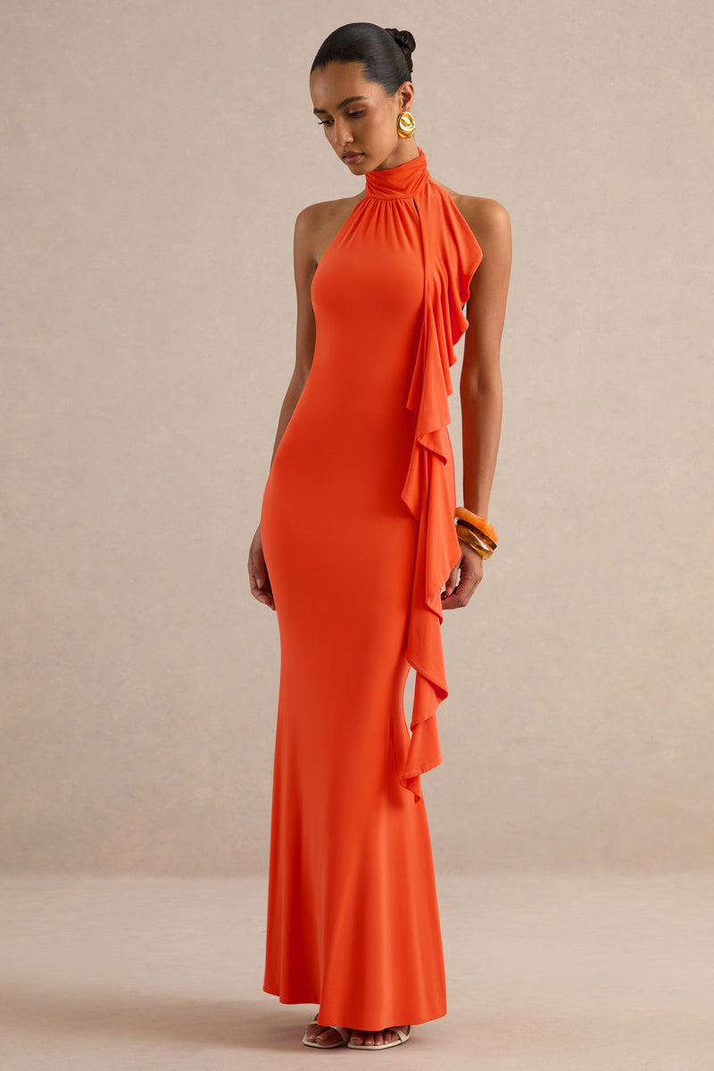 Namira | Vestido maxi naranja de cuello alto con detalles de volantes