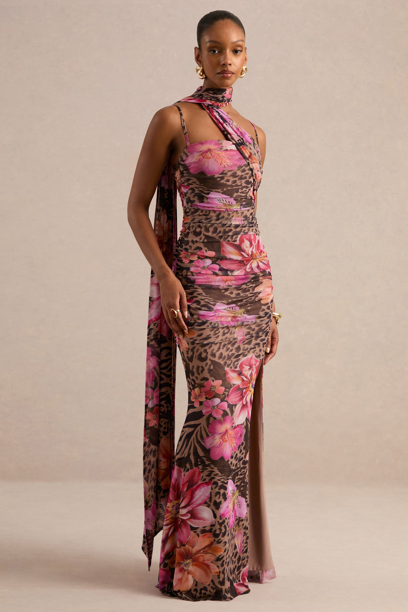Navia | Vestido largo marrón con estampado animal y floral, escote cuadrado y detalle de fajín