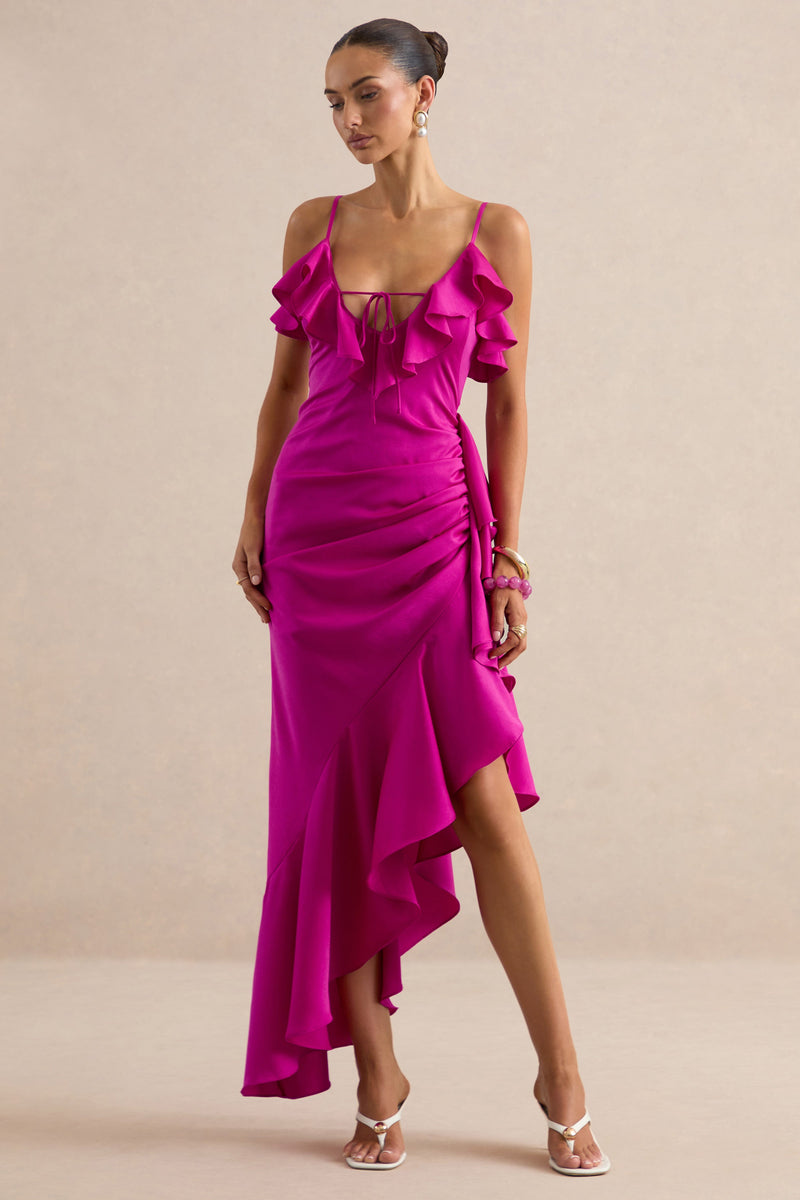Salvina | Vestido largo de satén rosa con escote en V, detalles de volantes y pañuelo