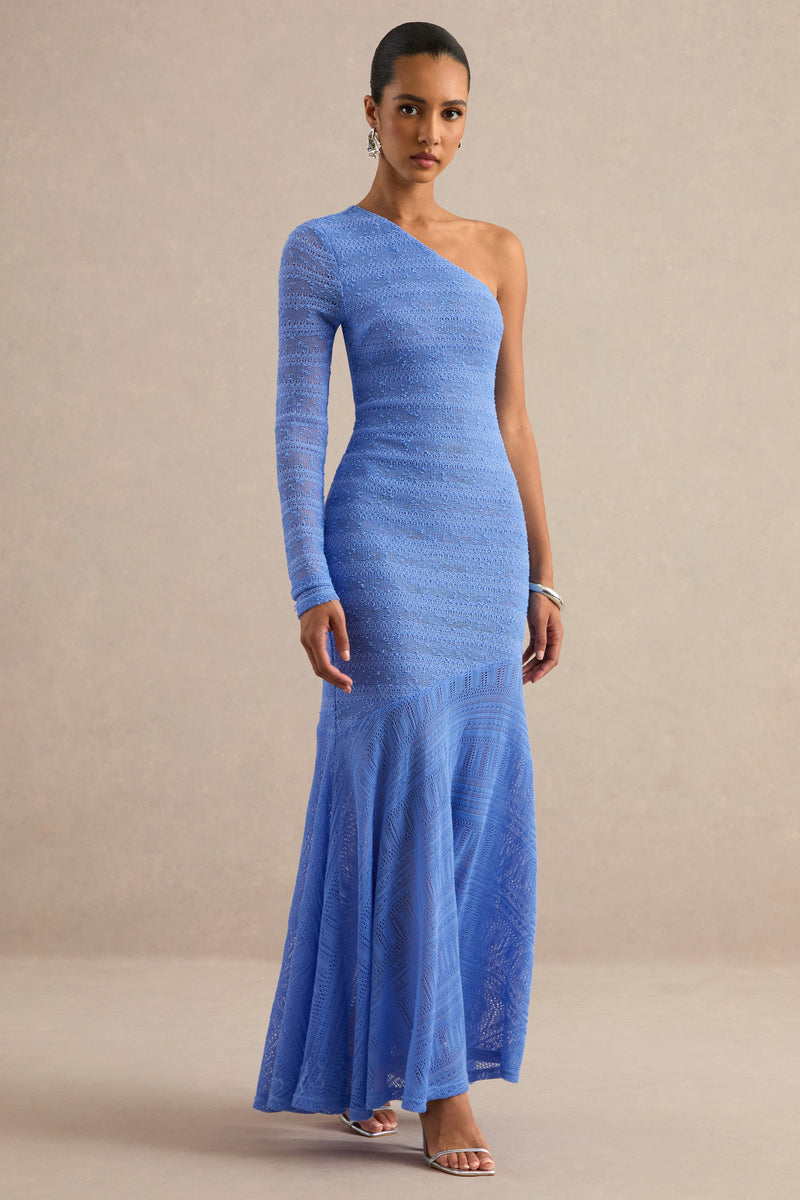 Orabella | Vestido largo azul con escote asimétrico y falda semitransparente