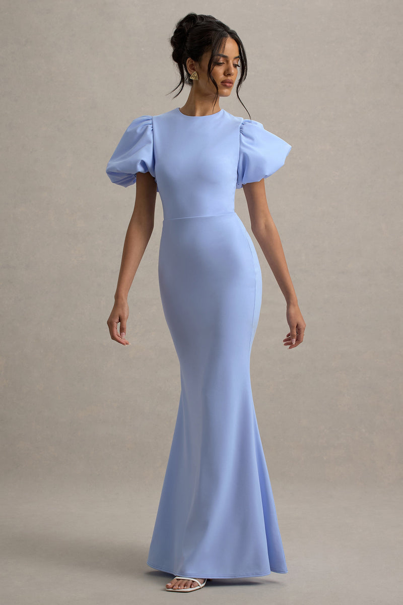 Love Letters | Vestido largo azul empolvado con mangas abullonadas