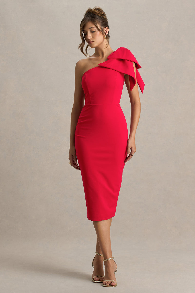 Ambretta | Vestido midi rojo de un solo hombro con lazo