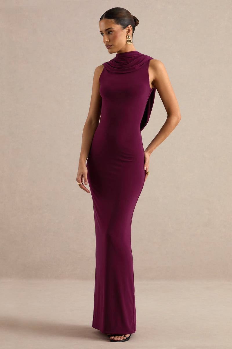 Jolina | Vestido largo burdeos de cuello alto