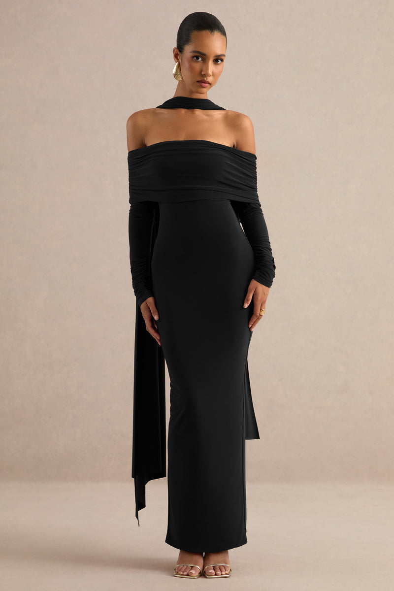 Julissa | Vestido maxi negro con escote bardot y detalle de pañuelo