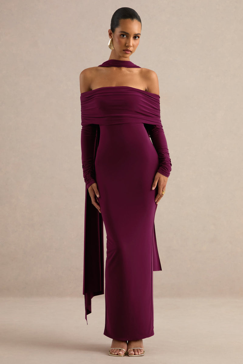 Julissa | Vestido maxi burdeos con escote Bardot y detalle de pañuelo