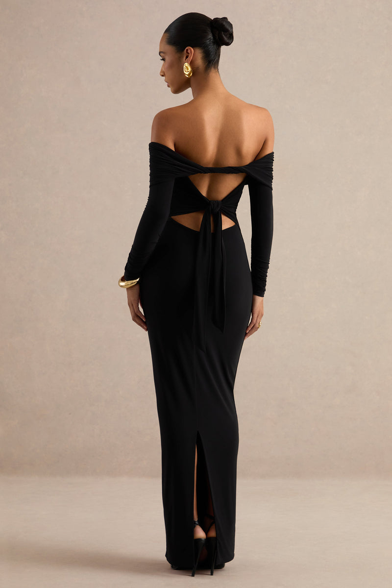 Keirae | Vestido maxi negro con escote Bardot