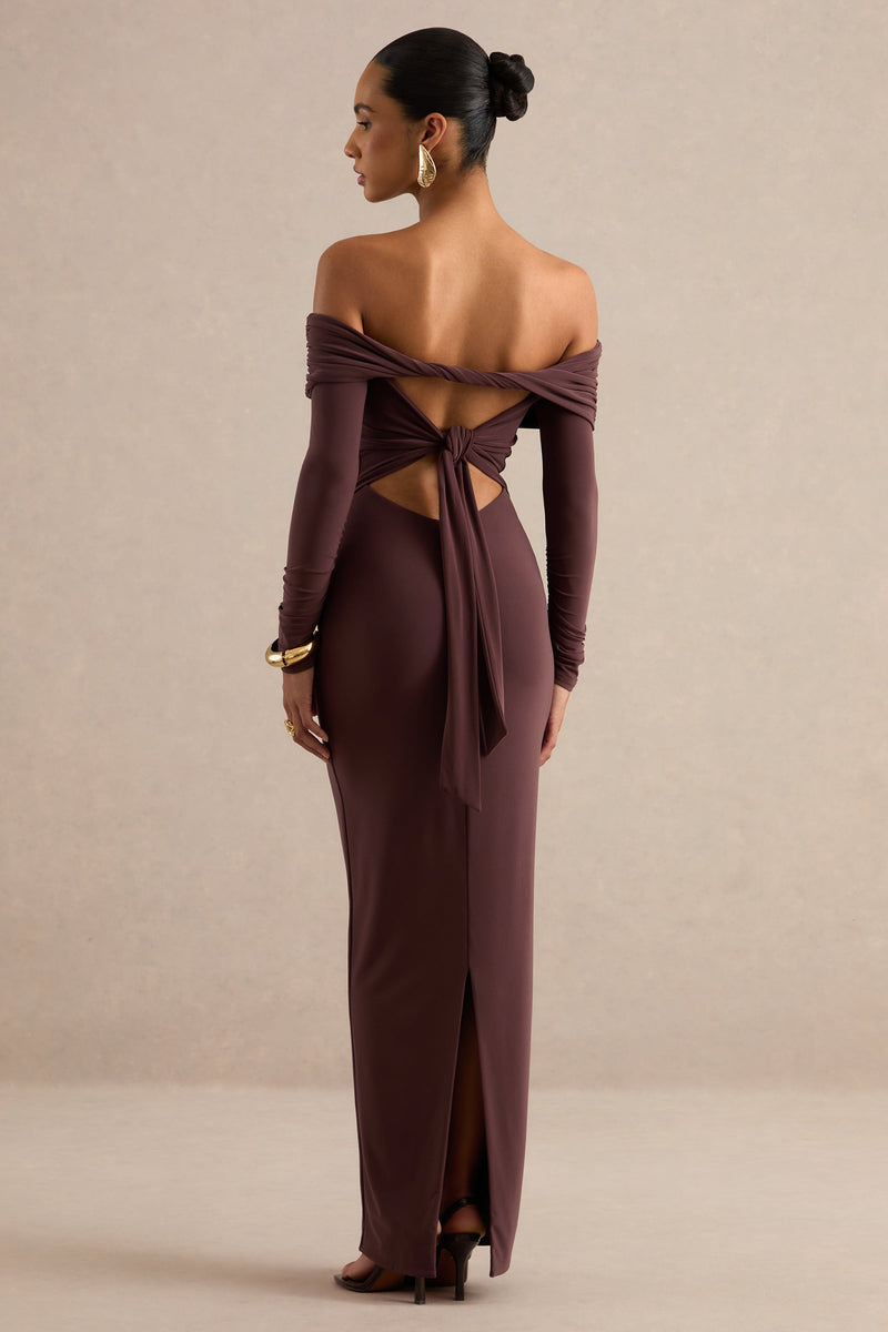Keirae | Vestido largo marrón oscuro con escote Bardot