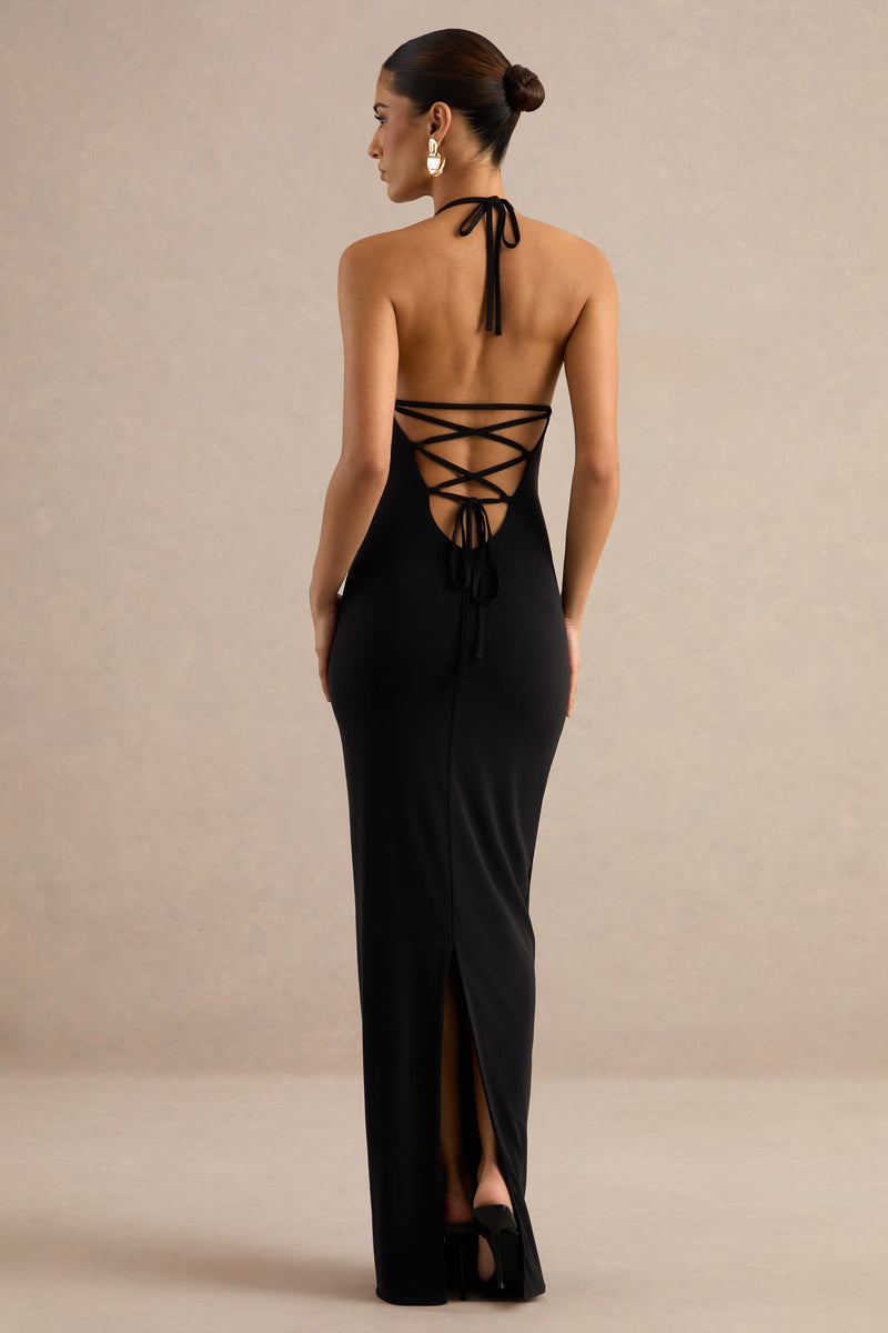 Lailah | Vestido maxi negro con cuello halter y detalle fruncido