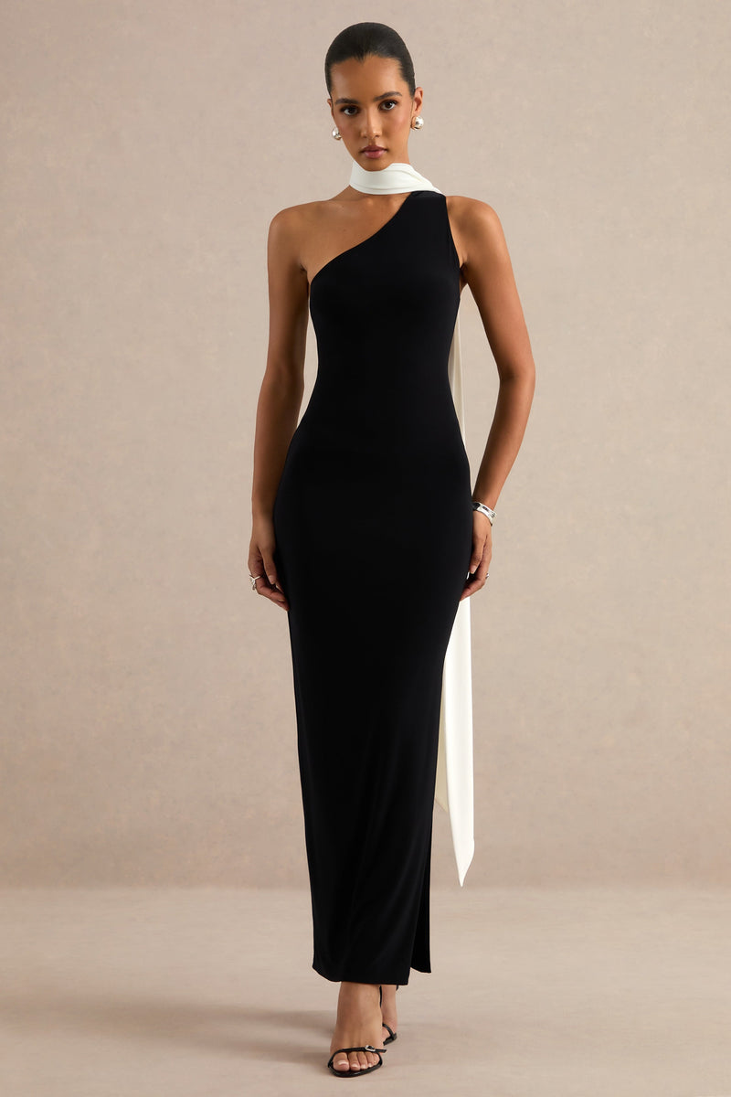 Lirienne | Vestido largo blanco y negro con escote asimétrico y detalle de pañuelo