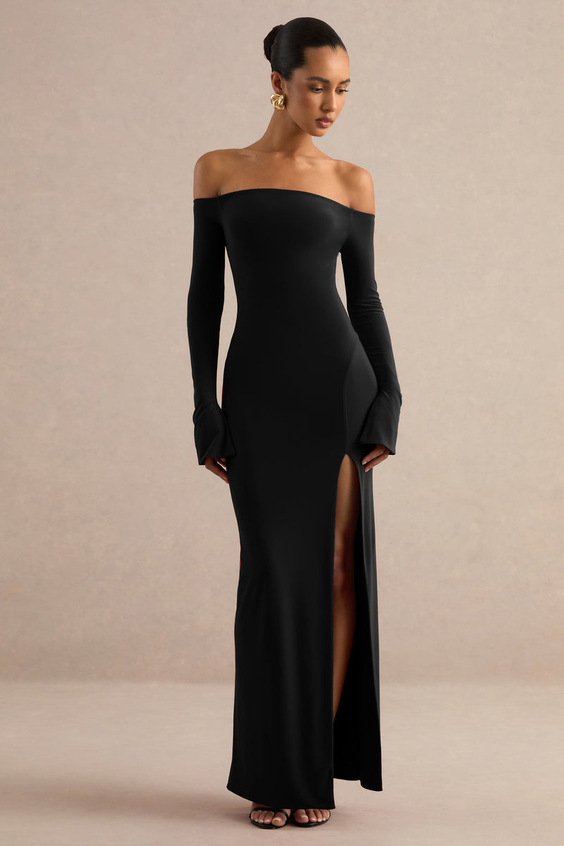 Liviae | Vestido maxi negro con escote Bardot y mangas acampanadas