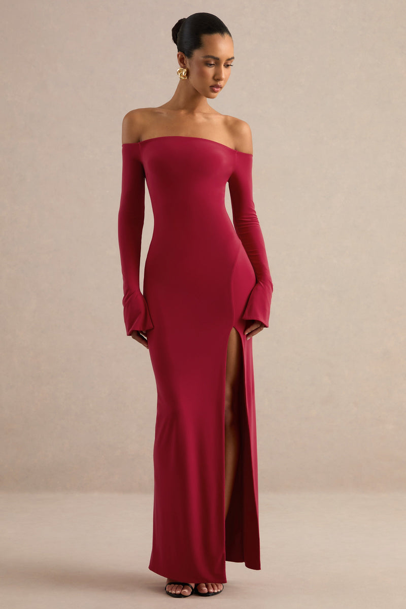 Liviae | Vestido largo rojo con escote Bardot y mangas acampanadas
