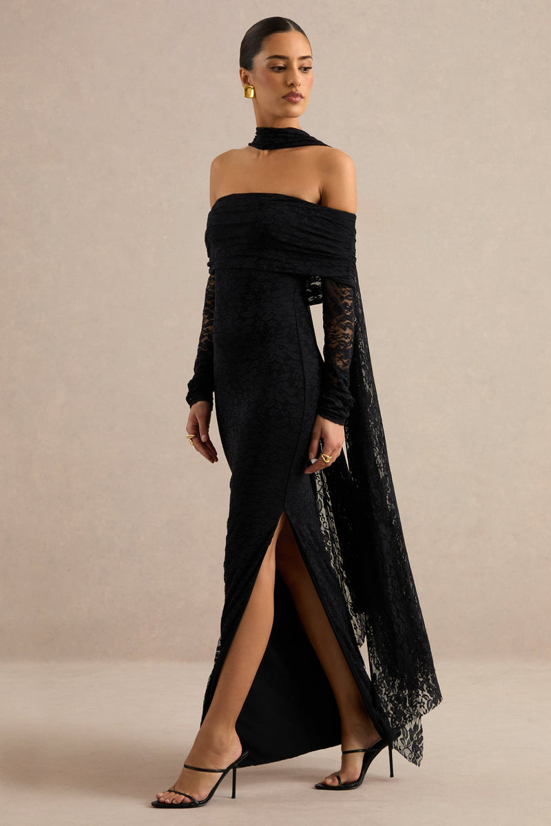 Maelora | Vestido largo negro de encaje con escote Bardot y pañuelo