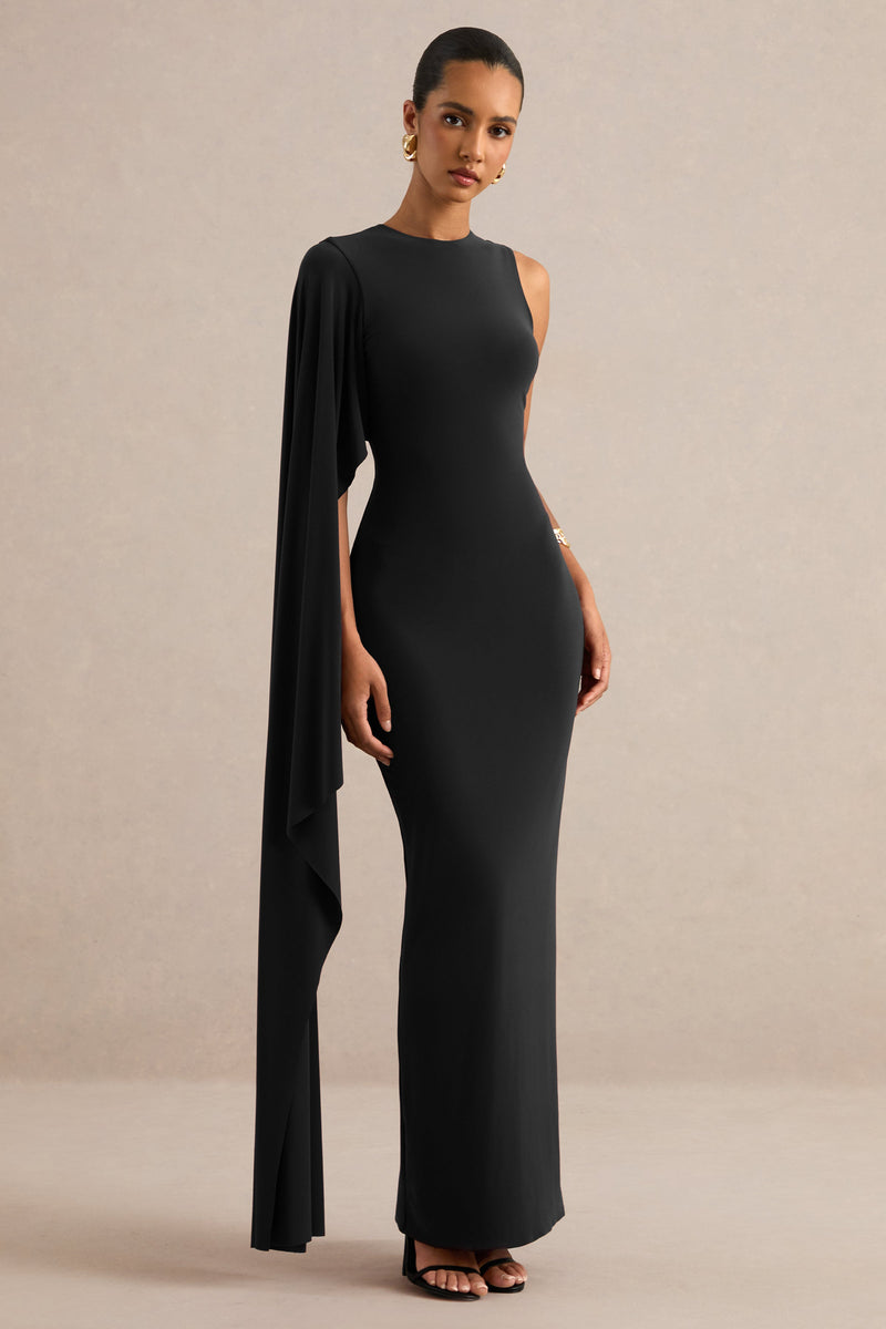 Maravelle | Vestido largo negro de cuello redondo con mangas tipo capa