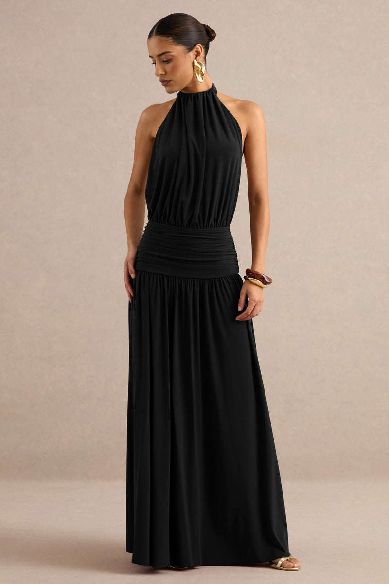 Hilarie | Vestido largo negro de cuello halter