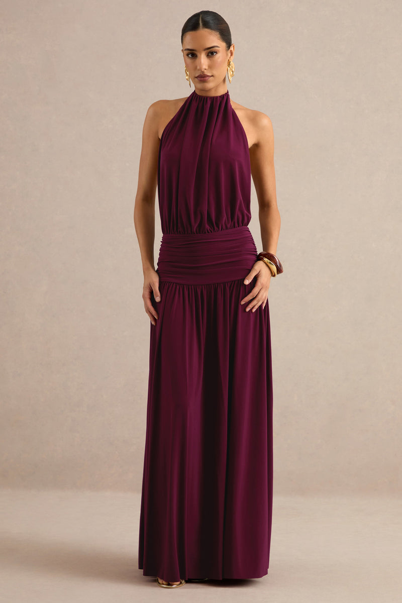 Hilarie | Vestido largo burdeos con cuello halter