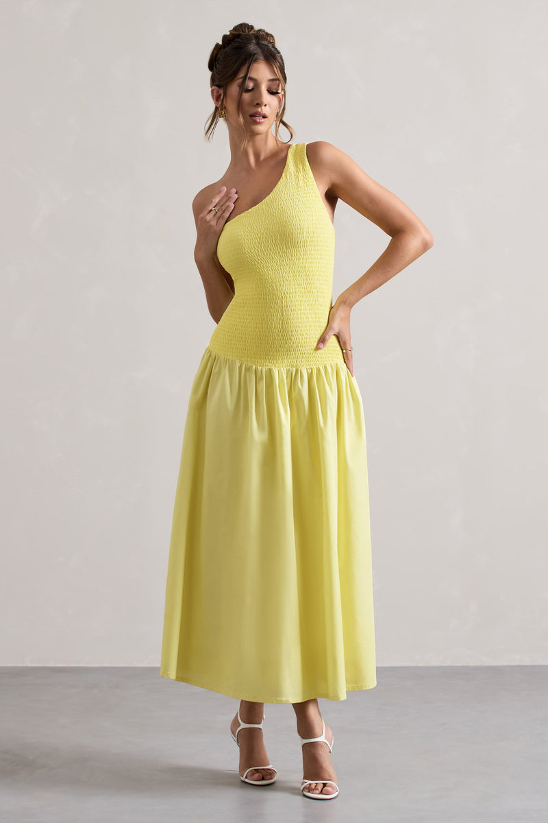 Sorbete | Vestido maxi plisado de popelina color limón, de un solo hombro