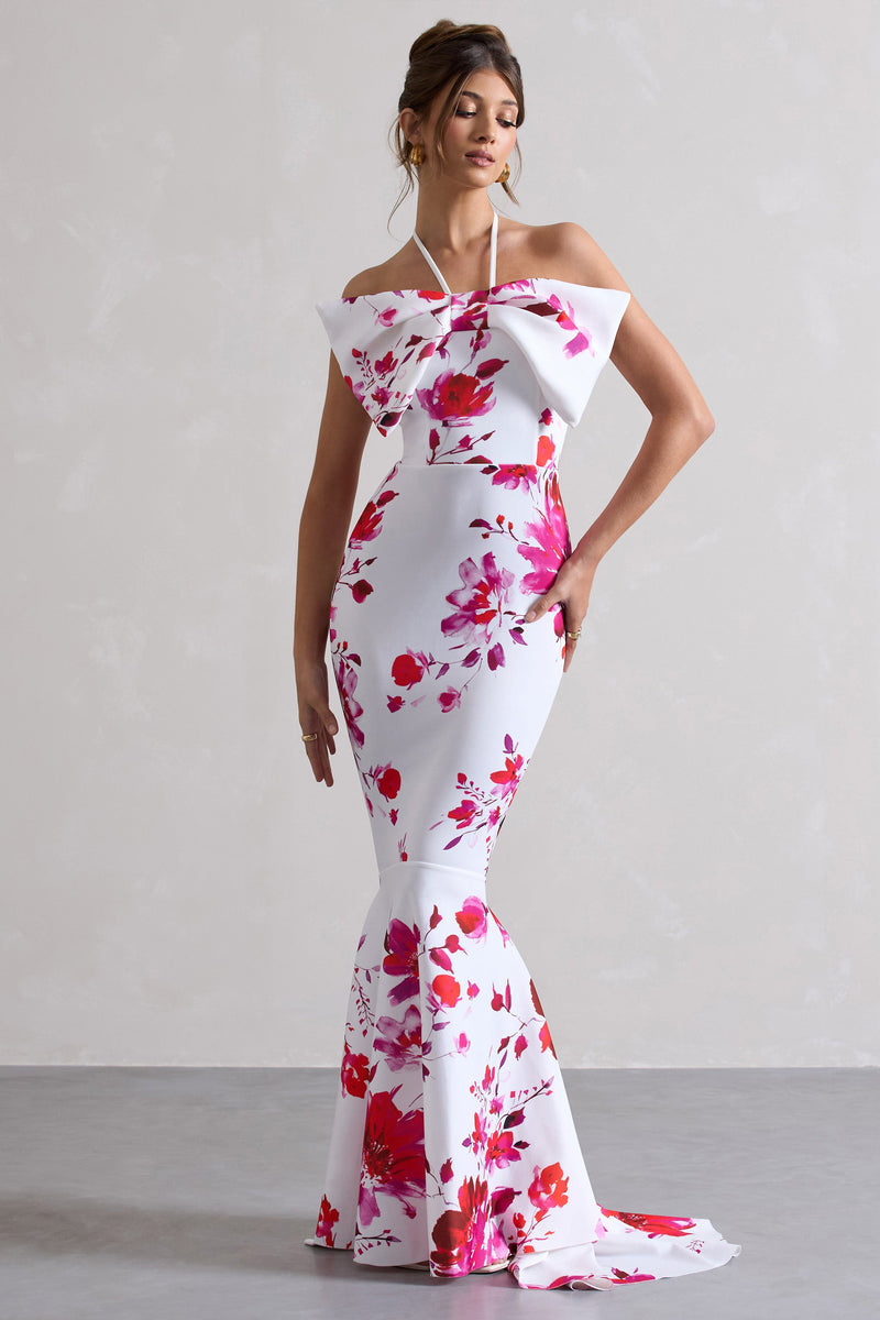 Sakura | Vestido maxi rosa con estampado floral, cuello halter, corte sirena y lazo