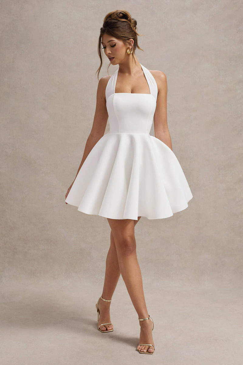 Peggy | Vestido mini blanco de corte skater y cuello halter