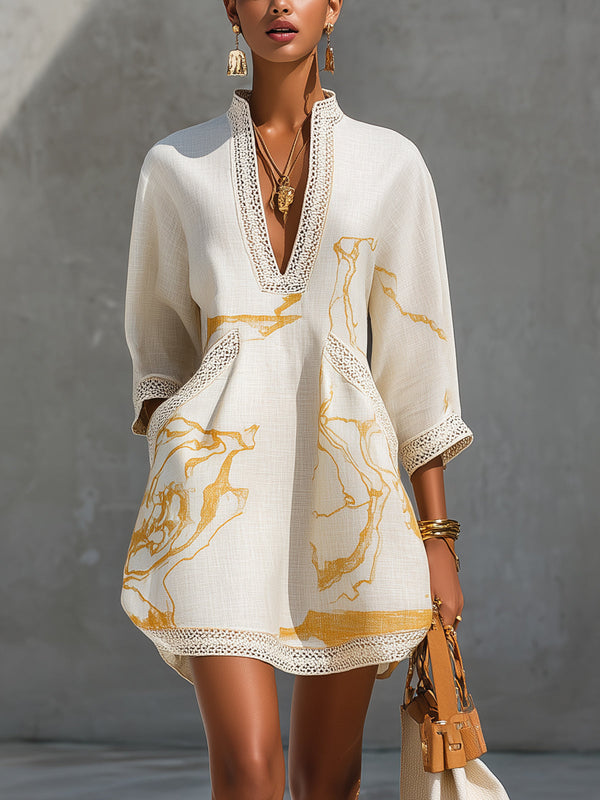 Aliénor | Vestido corto de encaje de crochet marfil con motivos dorados y escote en V