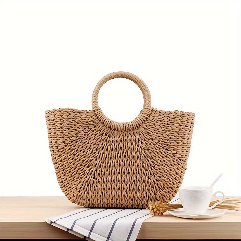 Serenella | Bolso de media luna en paja trenzada color cognac