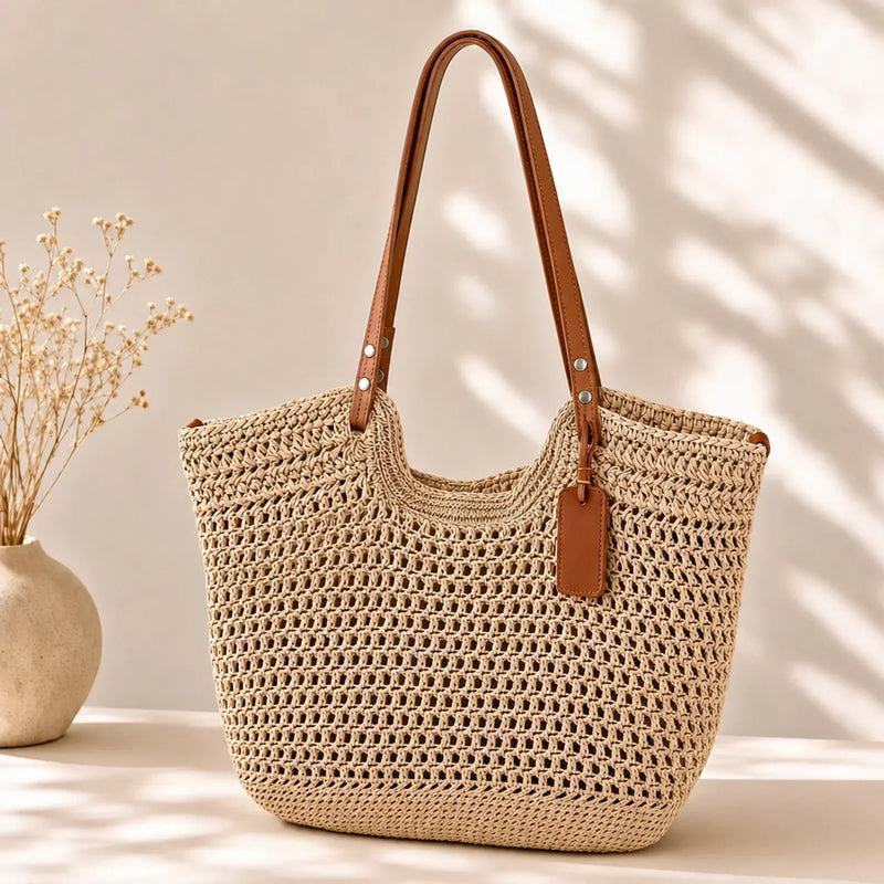 Alina | Bolso Shopper Entrelazado a Mano en Crochet - Beige Claro