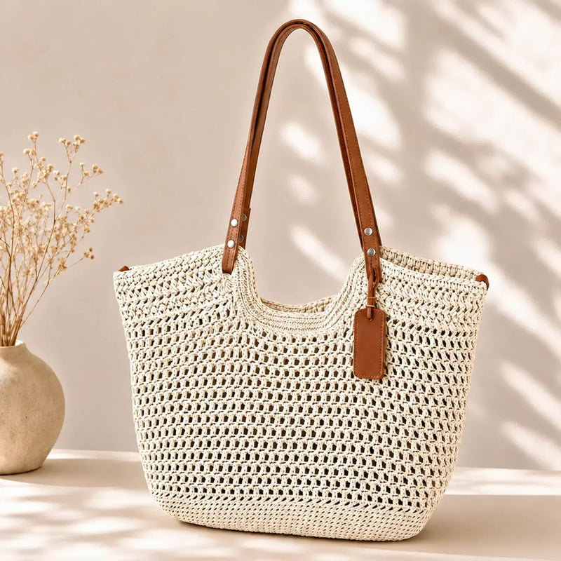 Camelia | Bolsa Shopper Entrelazada a Mano con Ganchillo - Marfil