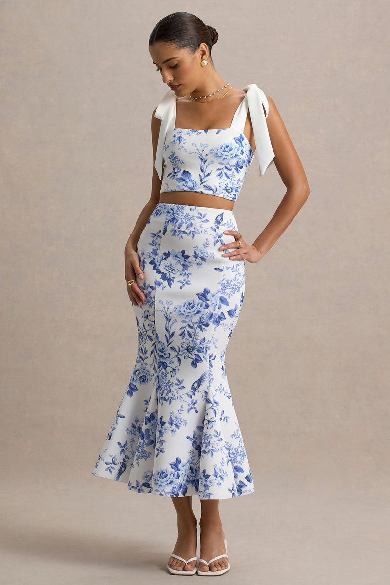Amadea | Falda midi ajustada de cintura alta con estampado de porcelana azul