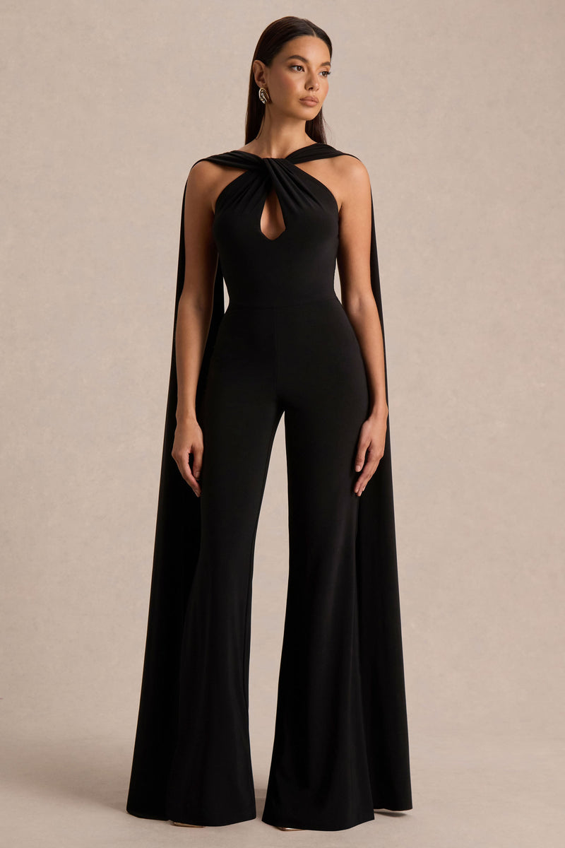 Mindy | Mono negro con escote halter y capa