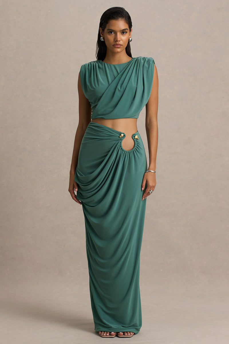 Avaline | Falda larga verde cruzada con detalles fruncidos