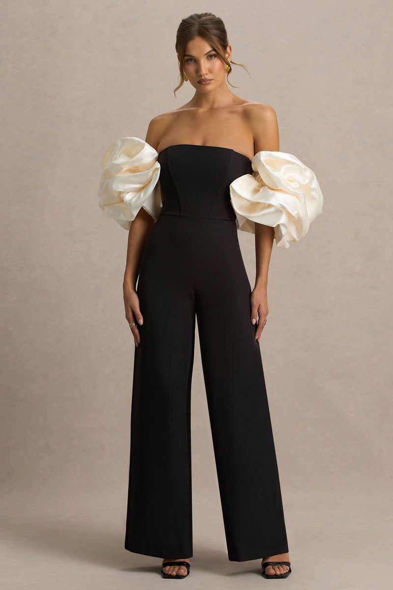 Panama | Mono negro con escote Bardot y mangas abullonadas en crema
