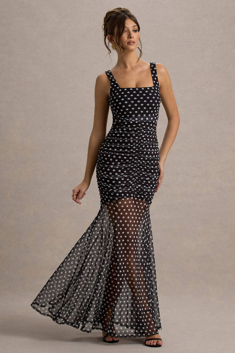 Galaxia | Vestido largo de lunares blancos y negros con falda de malla